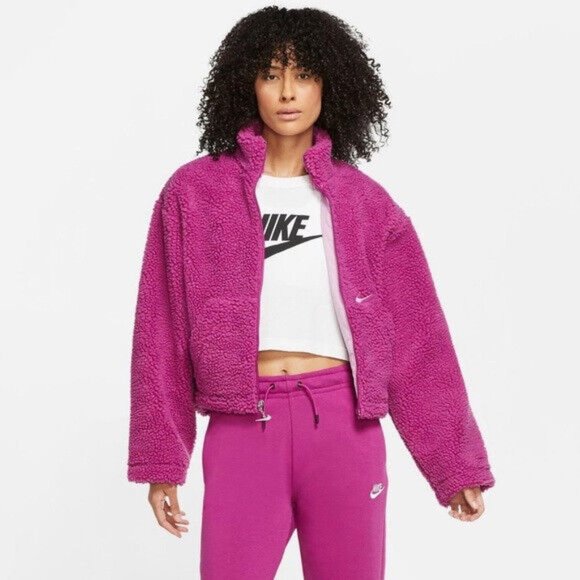 Nike Size M Pink Women's Sherpa Active Swoosh Cropped Zip Jacket DM1763-010 - Picture 2 of 8